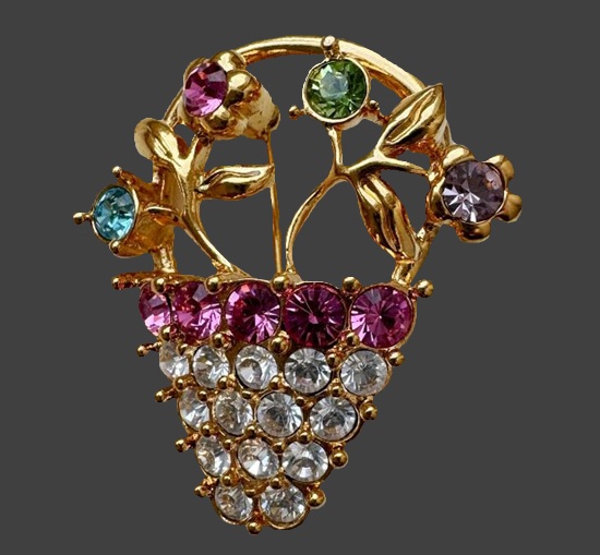 Basket of flowers gold plated rhinestone brooch