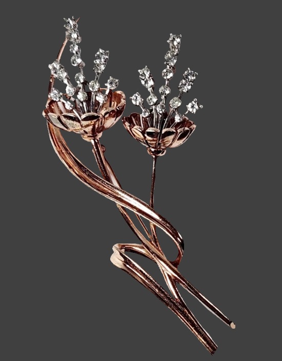 Flower gold over silver rhinestone brooch, 1940s