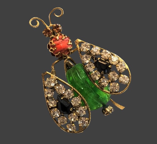 Insect trembler glass rhinestone brooch pin