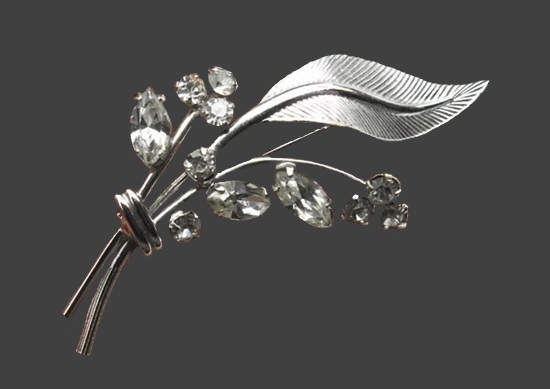 Leaf spray 14 K gold crystal brooch
