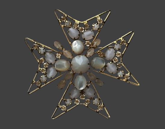 Maltese cross rhinestone glass brooch pendant