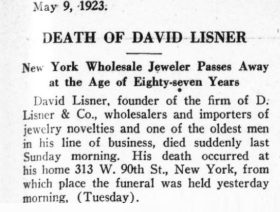 May 9, 1923 obituary for David Lisner