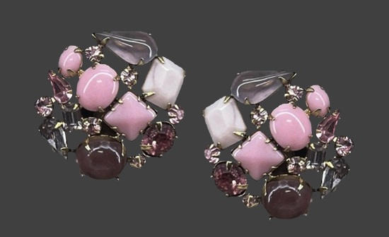 Milk glass pink rhinestone clip earrings