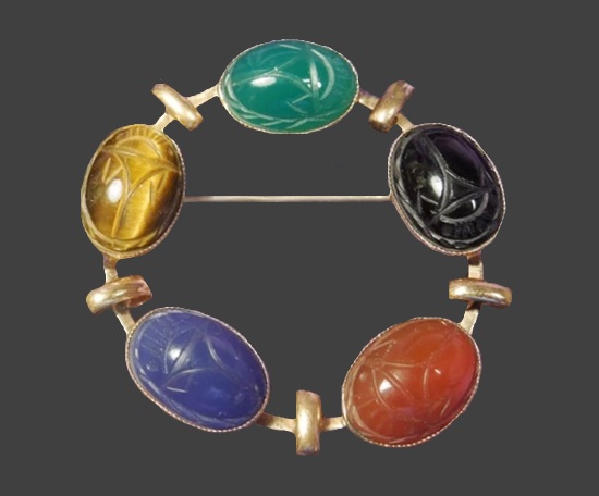 Multicolor genuine scarab carved gemstone 12 K gold filled circle pin brooch