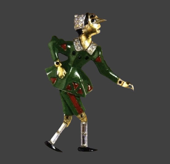 Pinocchio gold and rhodium plated baguette rhinestone enamel brooch patented in 1939, book piece