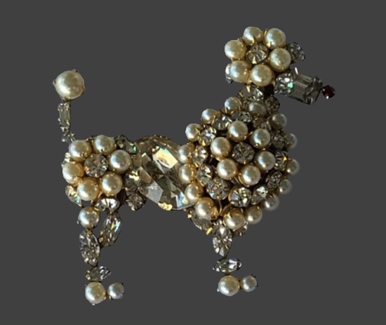 Poodle dog rhinestone faux pearl brooch pin