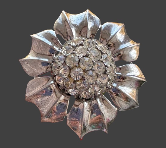Sunflower sterling silver clear crystal brooch, 1940s