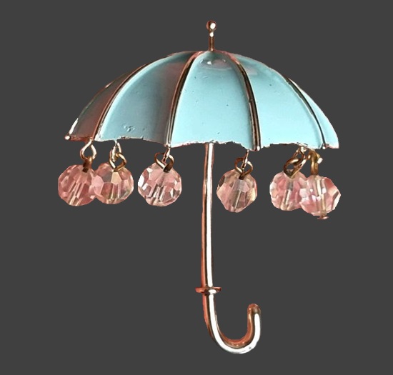 Umbrella silver tone enamel glass beads brooch pin
