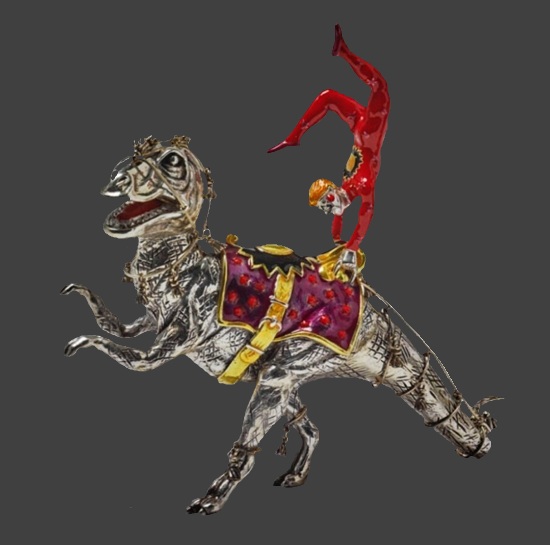 Acrobat performing a trick on a mechanical dinosaur