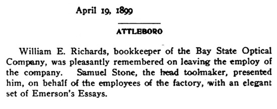 April 19, 1899. William E. Richards, bookkeeper of the Bay State Optical Company