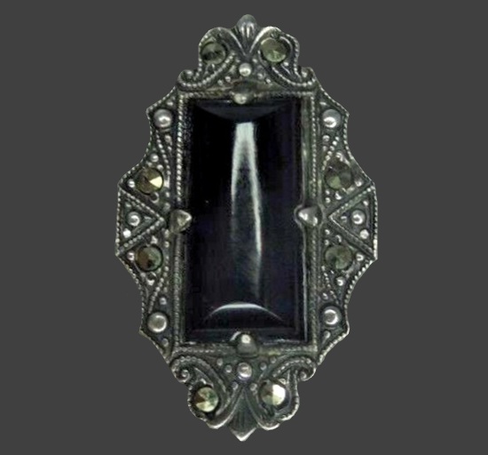 Black onyx sterling marcasite ring