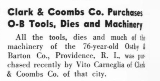 Clark & Coombs Co Purchases O-B Tools, Dies and Machinery. September 1952 note