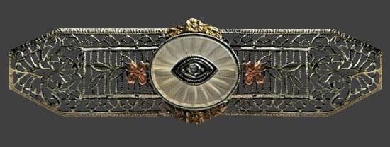 Filigree 10 K gold glass diamond bar brooch