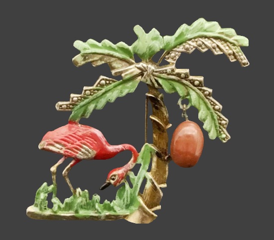 Flamingo palm tree enameled brooch pin