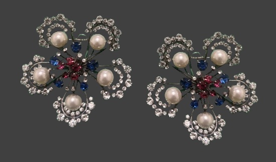 Flower sterling silver rhinestone pearl earrings