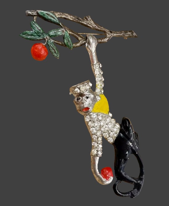 Hanging on branch monkey figural rhinestone enamel pin brooch
