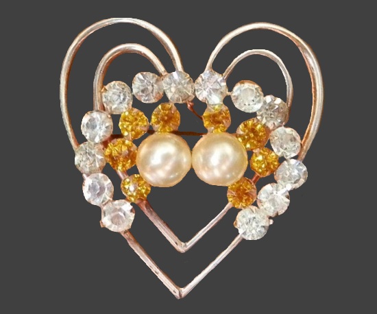 Heart pearl rhinestone pin brooch