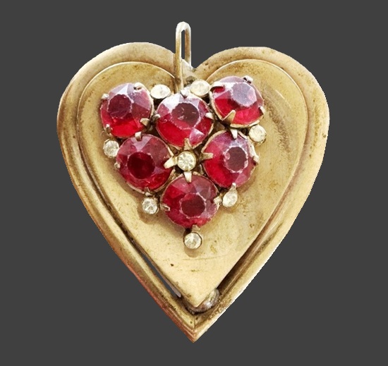 Heart shape copper red and clear rhinestone pendant