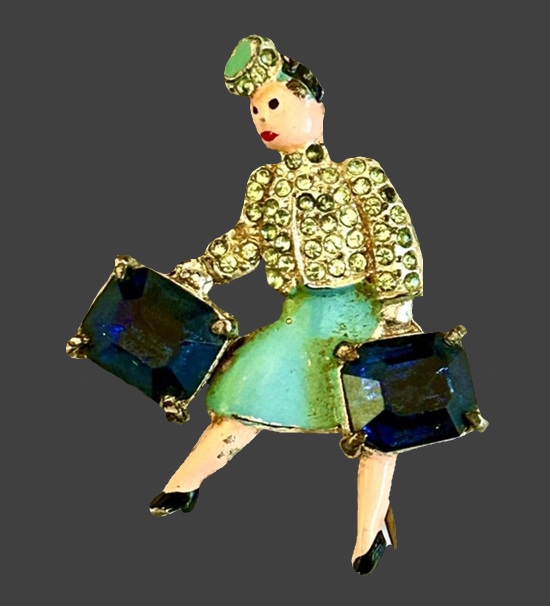 Lady with suitcases enamel gold tone rhinestone pin brooch