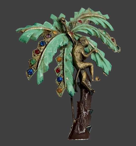 Monkey palm enameled rhinestone pin brooch