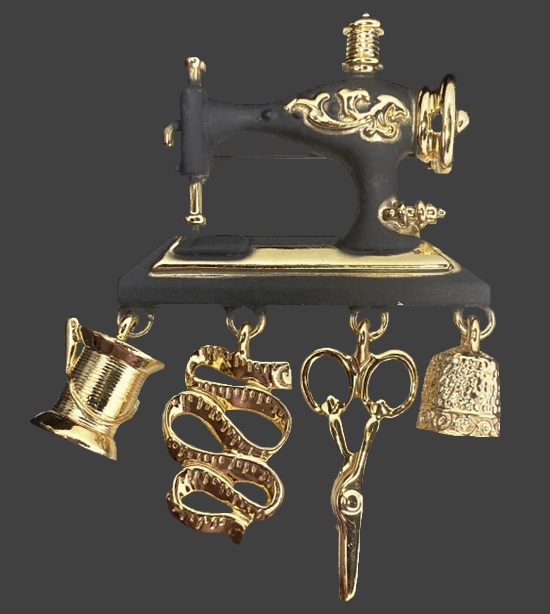 Sewing machine with dangling charms gold tone brooch pin