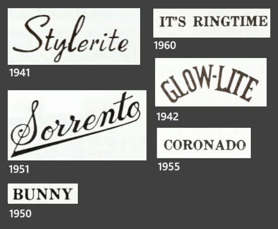 Stylerite, Sorrento, Bunny, It's Ringtime, Glow-Lite, Coronado trademarks by Uncas