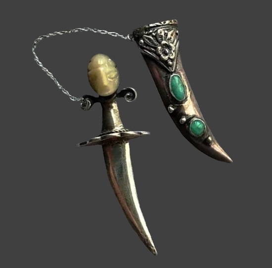 Sword sterling silver turquoise onyx chatelaine brooch