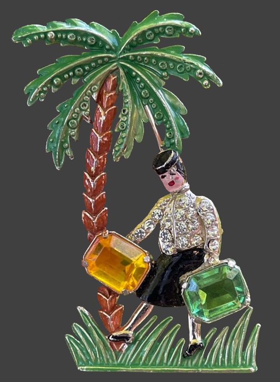 Travel lady with rhinestone suit-cases palm tree gold tone enamel rhinestone brooch
