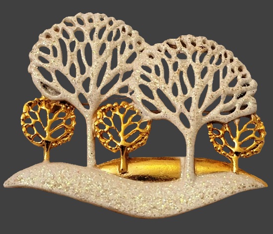 Trees landscape gold tone glitter enamel brooch