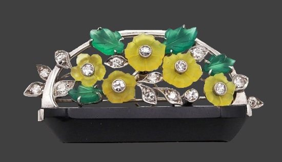 Art Deco flower basket onyx diamond platinum brooch