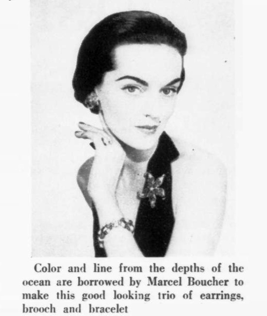 Earrings, brooch and bracelet, April 1951 ad