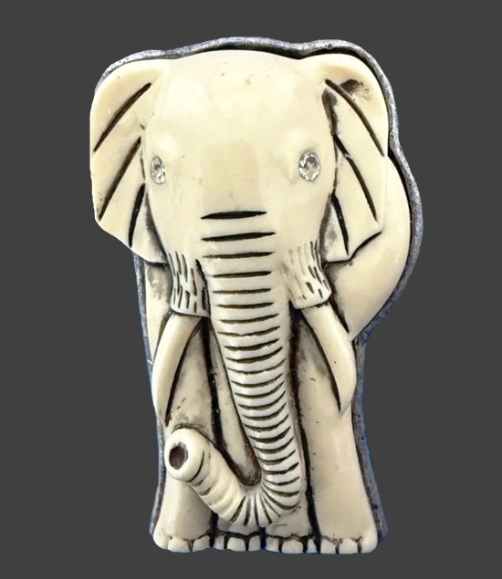 Elephant sterling silver ivory green rhinestone eye brooch