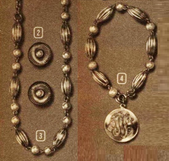 Oval-shaped, fluted gold plated beads and simulated pearls, earrings and bracelet. Montgomery Ward Albany 1956 Spring And Summer ad