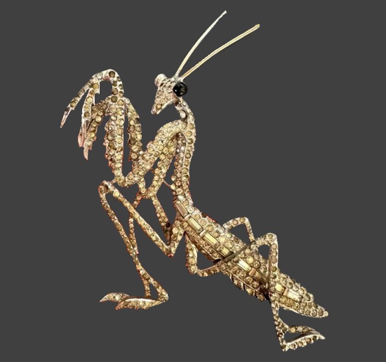 Praying Mantis gold tone rhinestone rhodium plated brooch, design patented in 1941