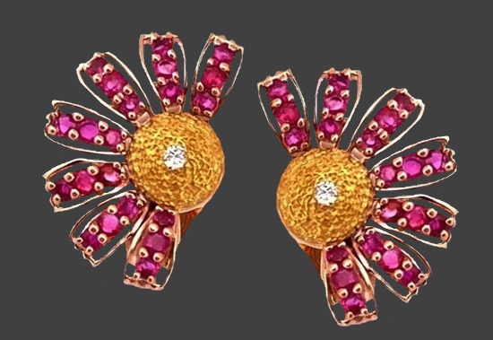 Ruby diamond 18 K gold flower clip on earrings