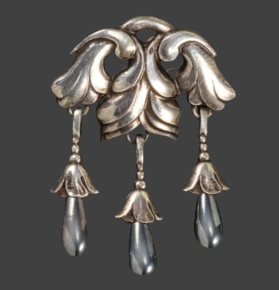 Art Nouveau floral dangle hematite charms sterling silver brooch