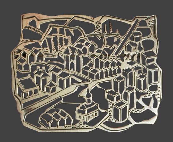 Cityscape, Bergen, Norway, pierced sterling silver brooch