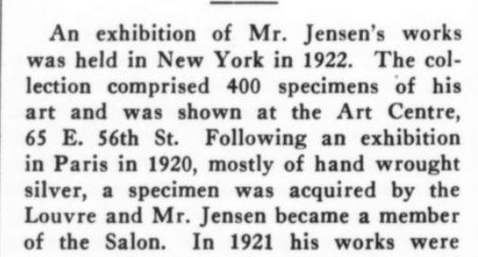 Exhibition of Georg Jensen art works in New York in 1922, JCK note