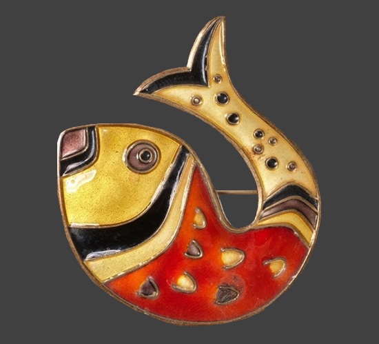 Fish brooch. Red yellow black guilloche enamel sterling silver