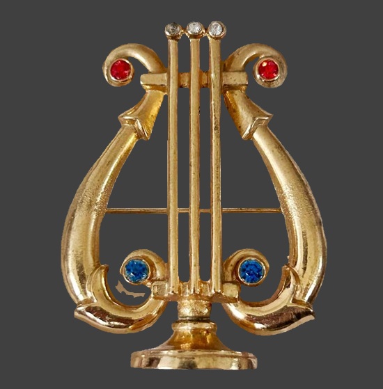 Harp gold tone rhinestone brooch pin