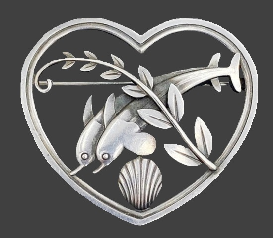 Heart shape couple of dolphins sterling silver brooch