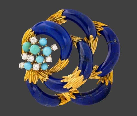 Lapis lazuli turquoise diamond and gold brooch