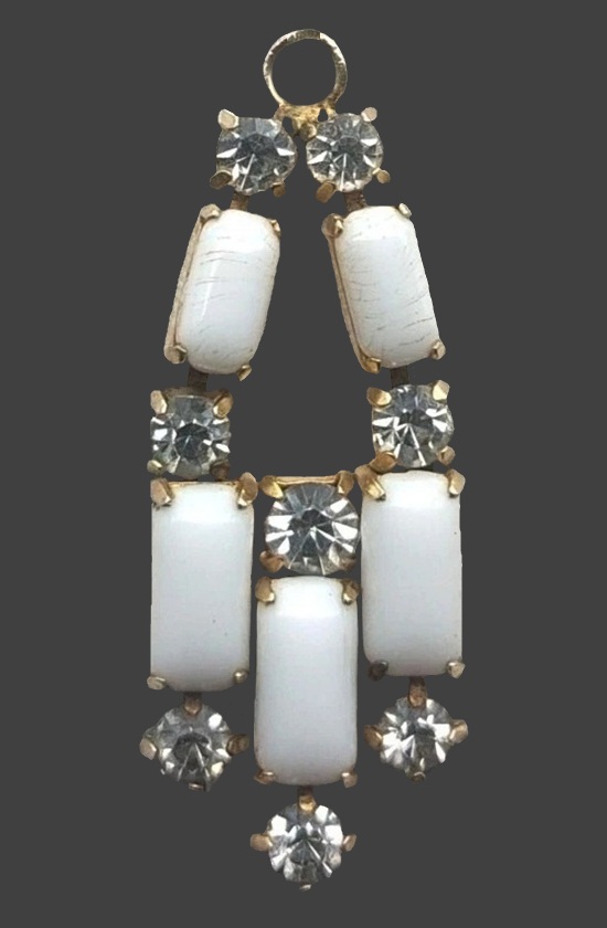 Milk glass rhinestone gold tone pendant