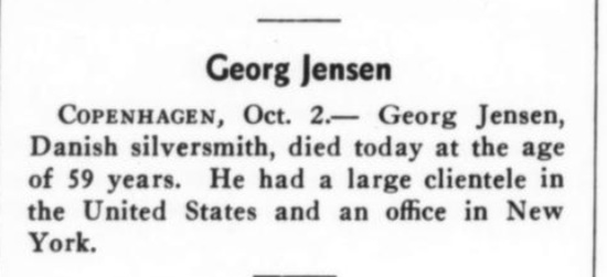 November 1935 Obituary for Georg Jensen