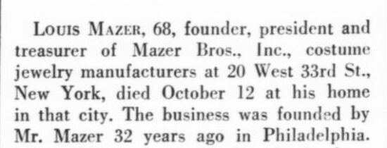 Obituary for Louis Mazer, December 1952