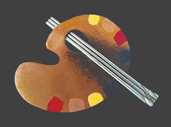 Palette and paintbrush copper enamel brooch