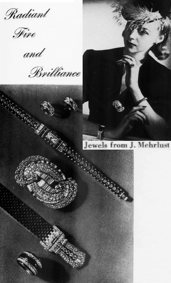 A black and diamond hoop earrings, a clip-brooch, a flexible platinum bracelet, a diamond watch on a bracelet, a cocktail ring of diamonds and rubies. August 1939