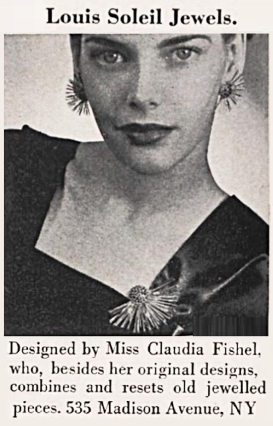 A sun-burst in-excelsis of 14-carat gold rays with a centre cluster of fine, deep, dark sapphires - marquise diamonds tangled in the rays. November 1943