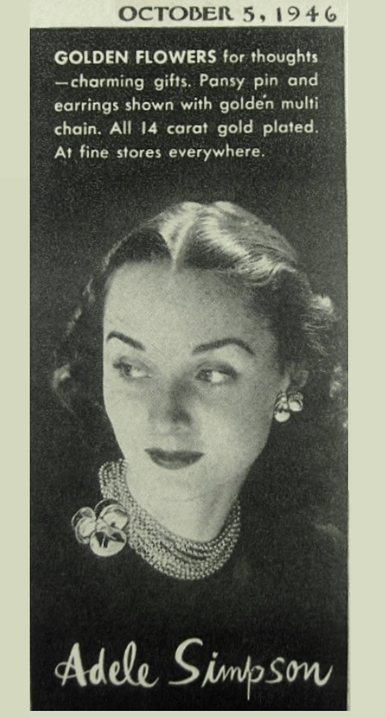 Adele Simpson Pansy Pin, October 5, 1946 ad