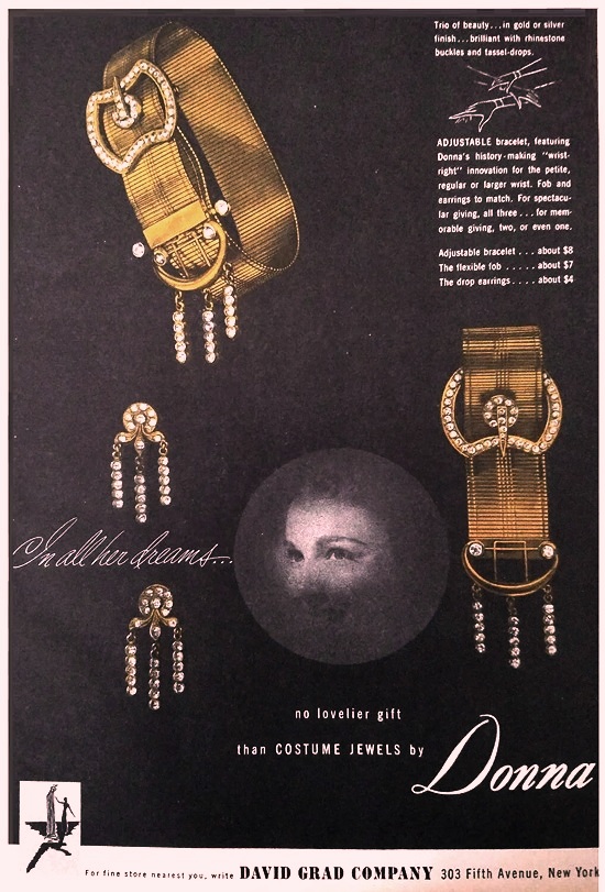 Adjustable bracelet and earrings in gold, 1947 ad